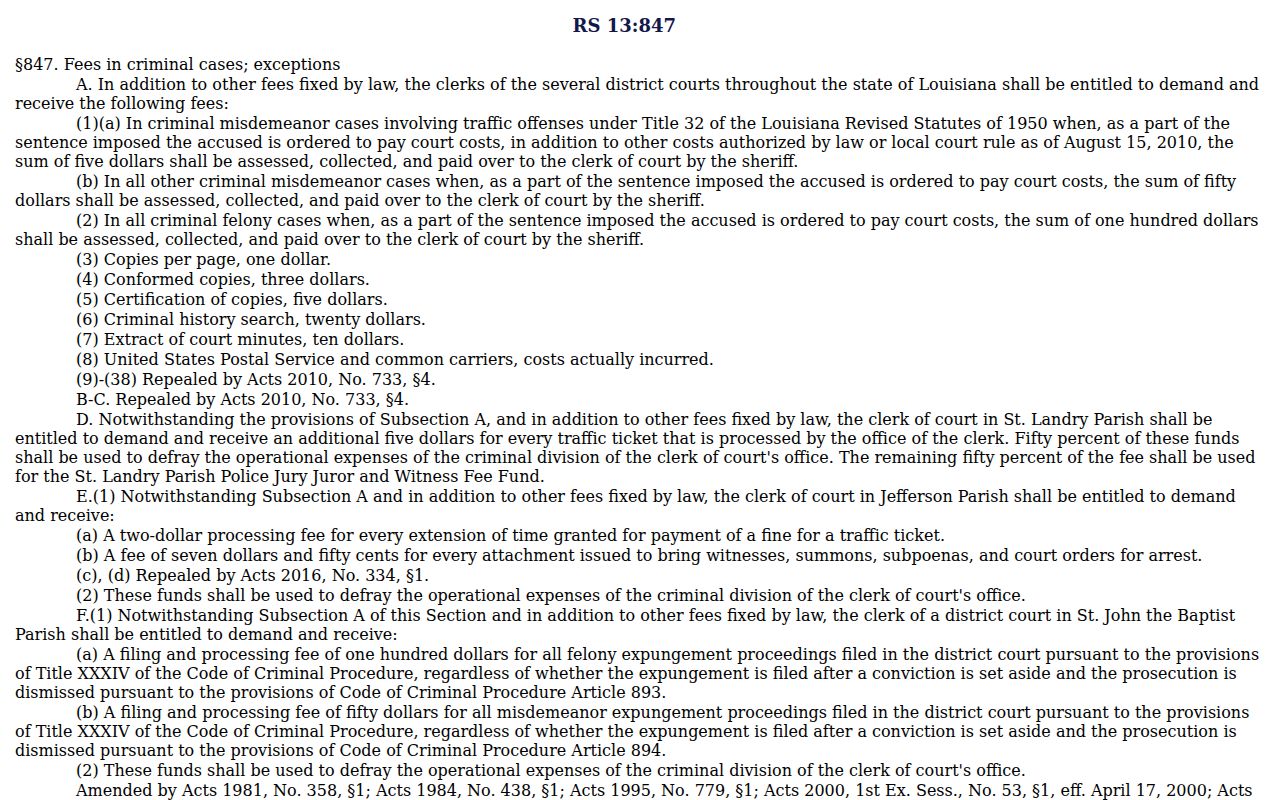 St. Charles Parish case search source for Louisiana criminal clerk fee rules
