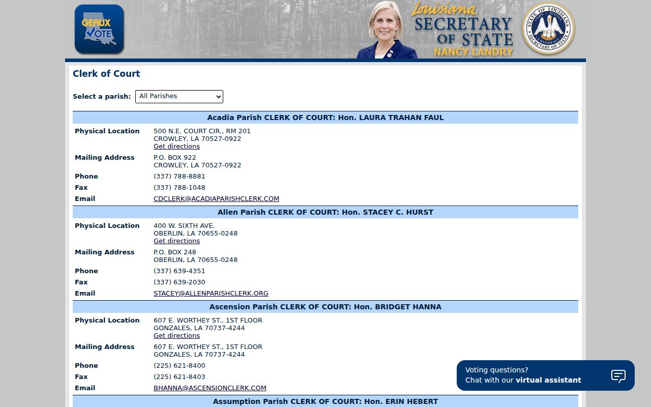 St. Charles Parish case search source showing the Louisiana Secretary of State clerk directory